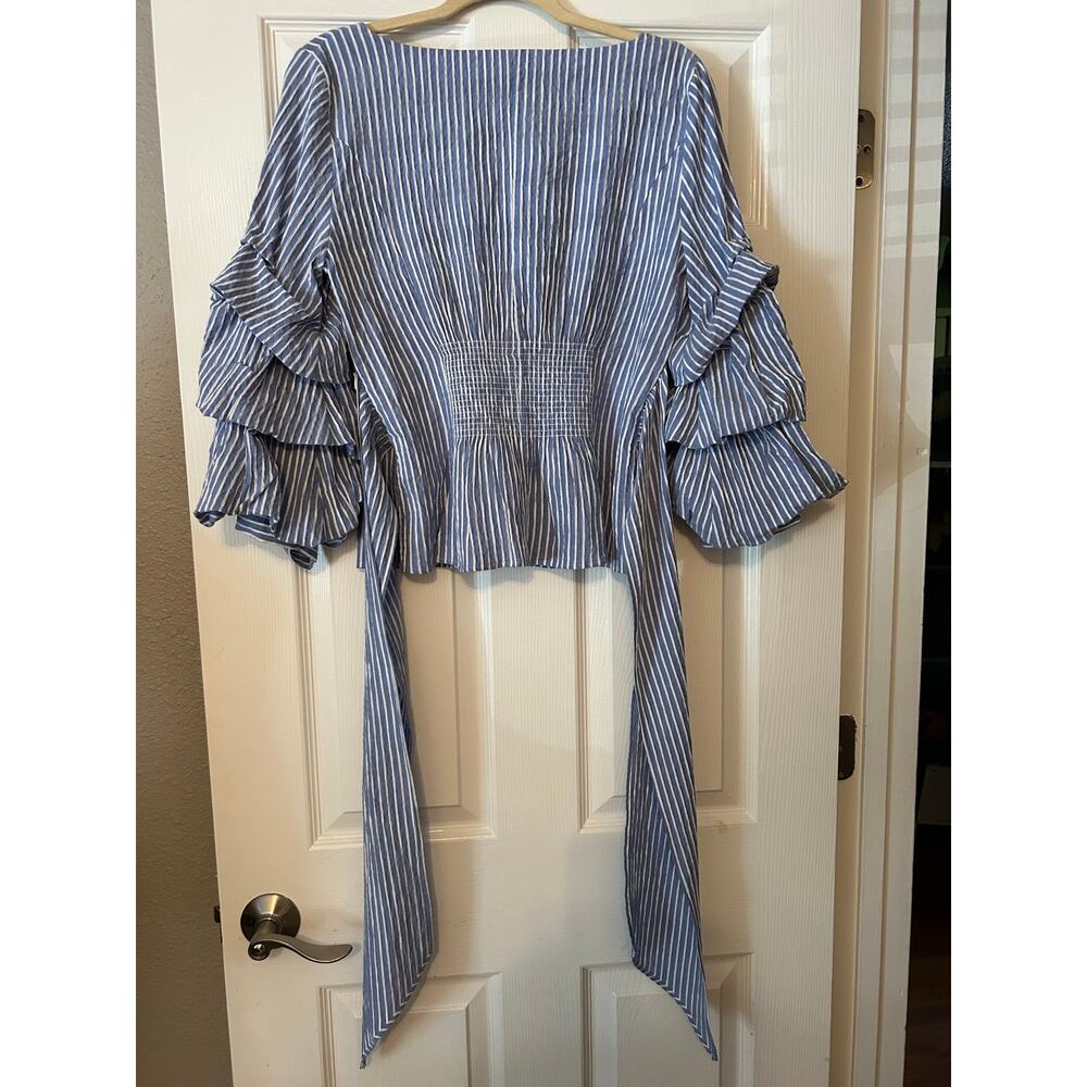 White House Black Market Size 8 Blue Stripe Ruffle Sleeve Bow Back Blouse - Picture 3 of 10